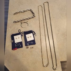 Bundle of random jewelry, chains, & tory burch pouches
